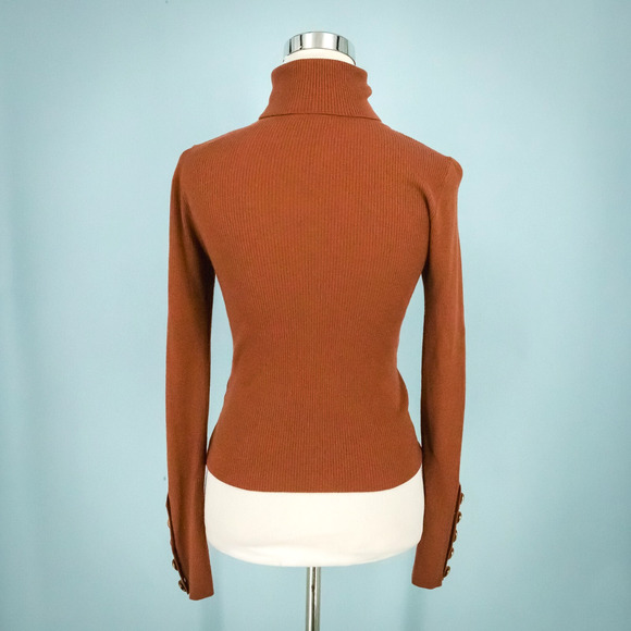 ALC Size Medum M Desi Brown Ribbed Turtleneck Button Merino Wool Sweater - Picture 4 of 8